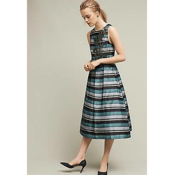 Anthropologie Pankaj & Nidhi Green Gray Striped Empire Waist Sleeveless Dress - Picture 1 of 13